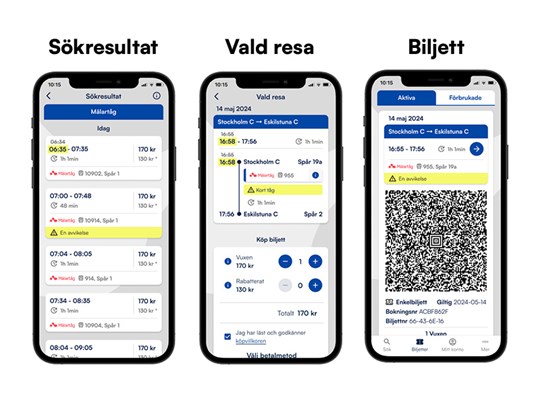 Överblick av vyer för trafikinfo i Mälartåg app